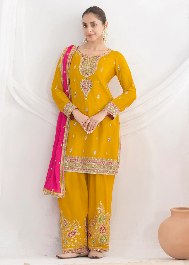 Yellow Embroidered Pant Style Suit