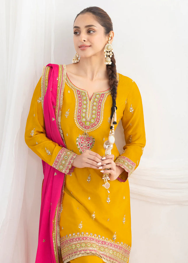 Yellow Embroidered Pant Style Suit