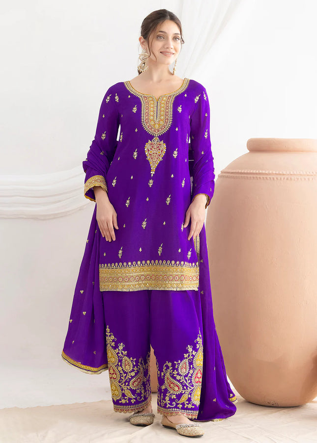 Purple Embroidered Pant Style Suit