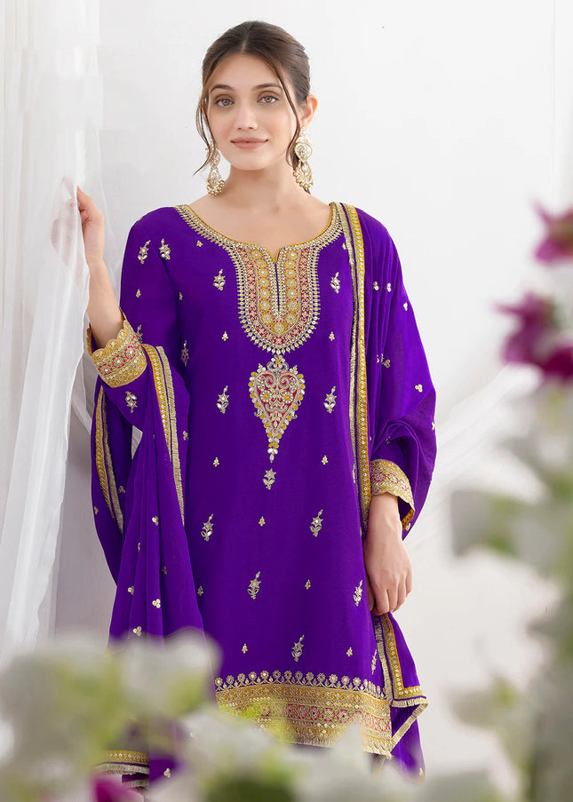 Purple Embroidered Pant Style Suit
