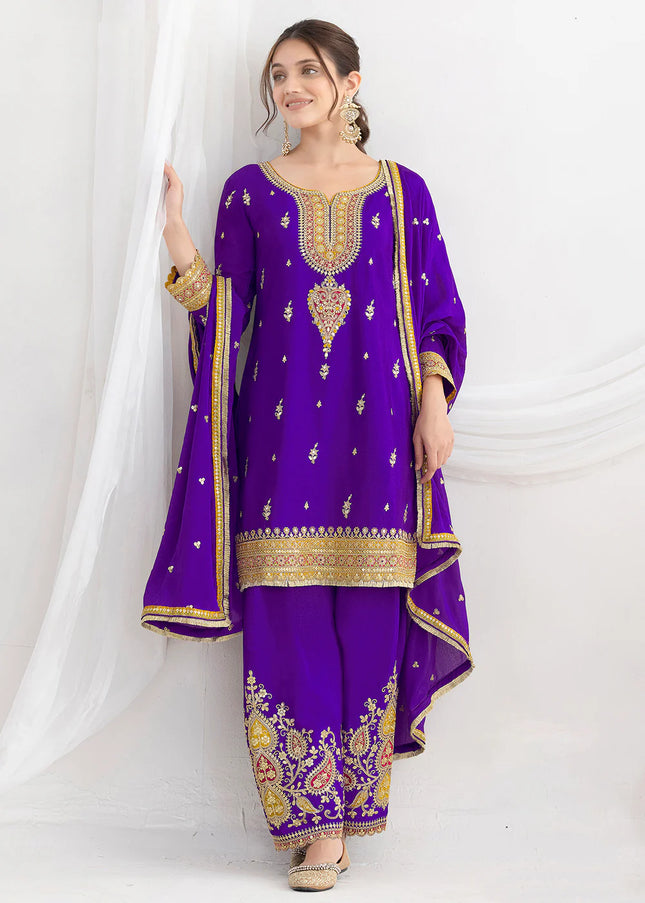Purple Embroidered Pant Style Suit