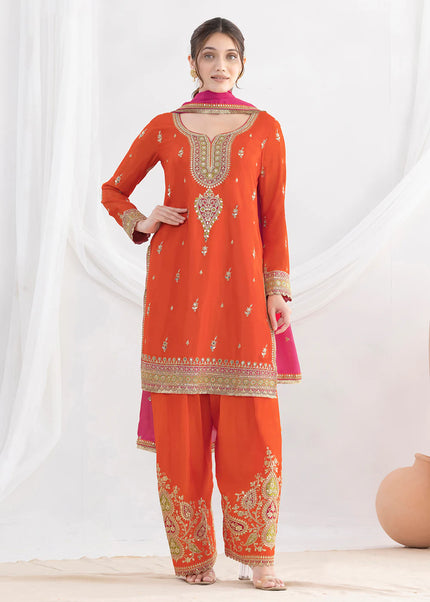 Orange Embroidered Pant Style Suit