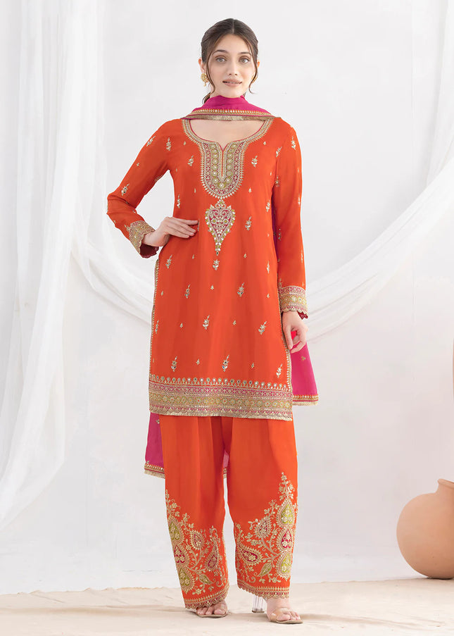 Orange Embroidered Pant Style Suit