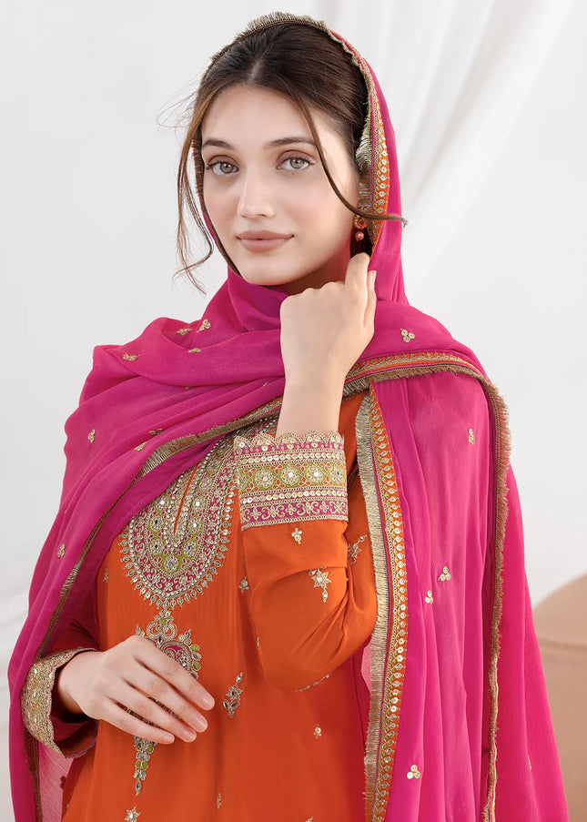Orange Embroidered Pant Style Suit
