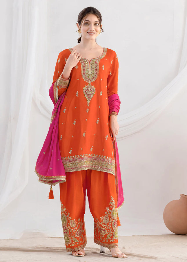 Orange Embroidered Pant Style Suit