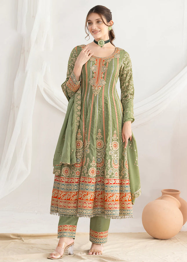 Green Embroidered Pant Style Suit