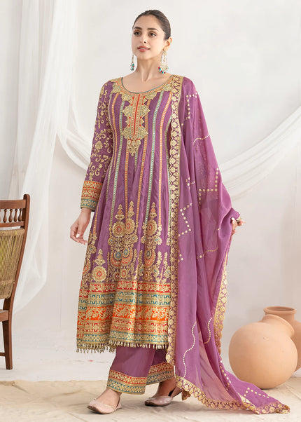 Purple Embroidered Pant Style Suit