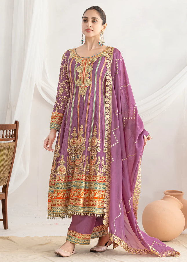 Purple Embroidered Pant Style Suit