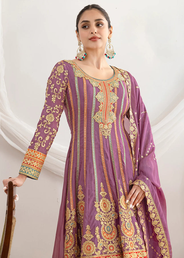 Purple Embroidered Pant Style Suit