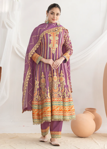 Purple Embroidered Pant Style Suit