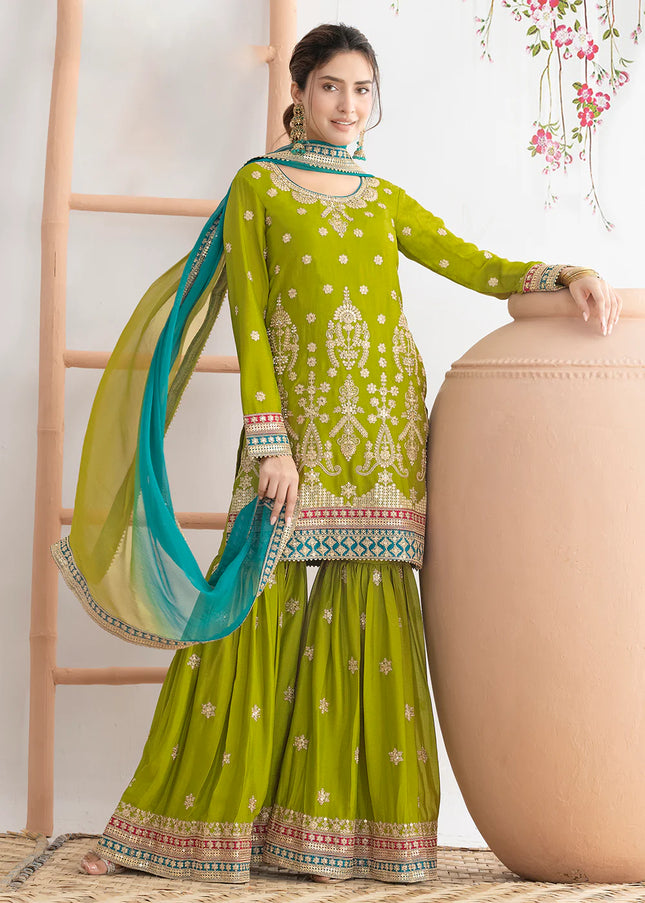 Green Embroidered Gharara Suit