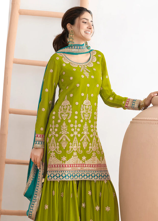 Green Embroidered Gharara Suit