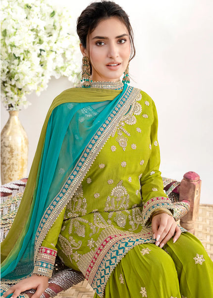 Green Embroidered Gharara Suit