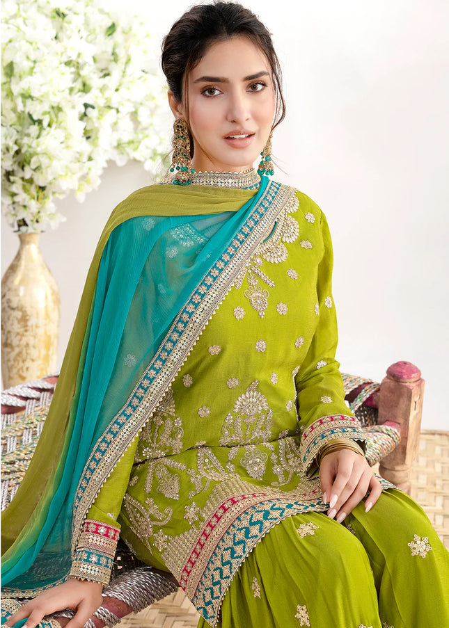 Green Embroidered Gharara Suit