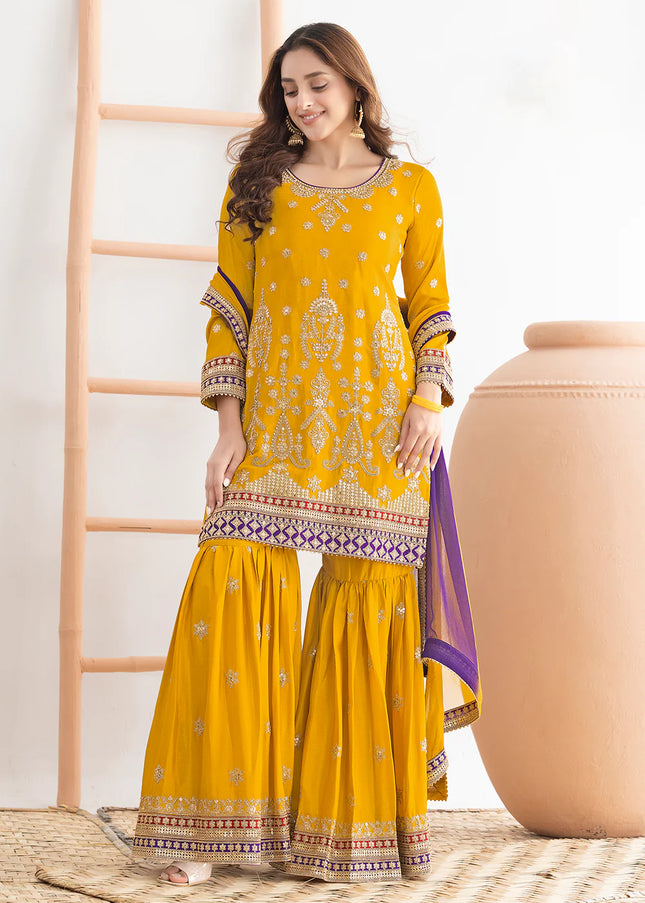 Mustard Yellow Embroidered Gharara Suit