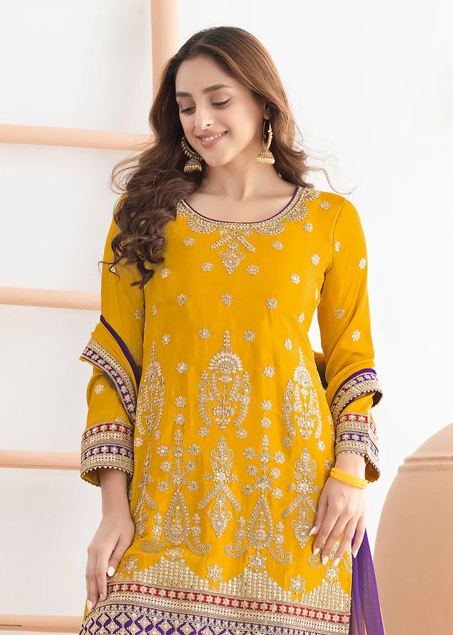 Mustard Yellow Embroidered Gharara Suit