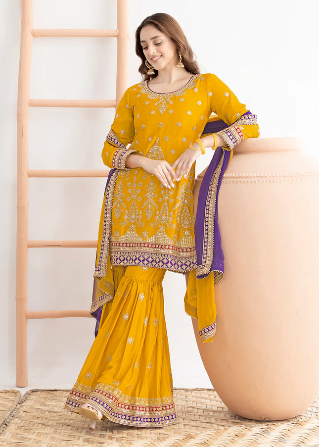 Mustard Yellow Embroidered Gharara Suit