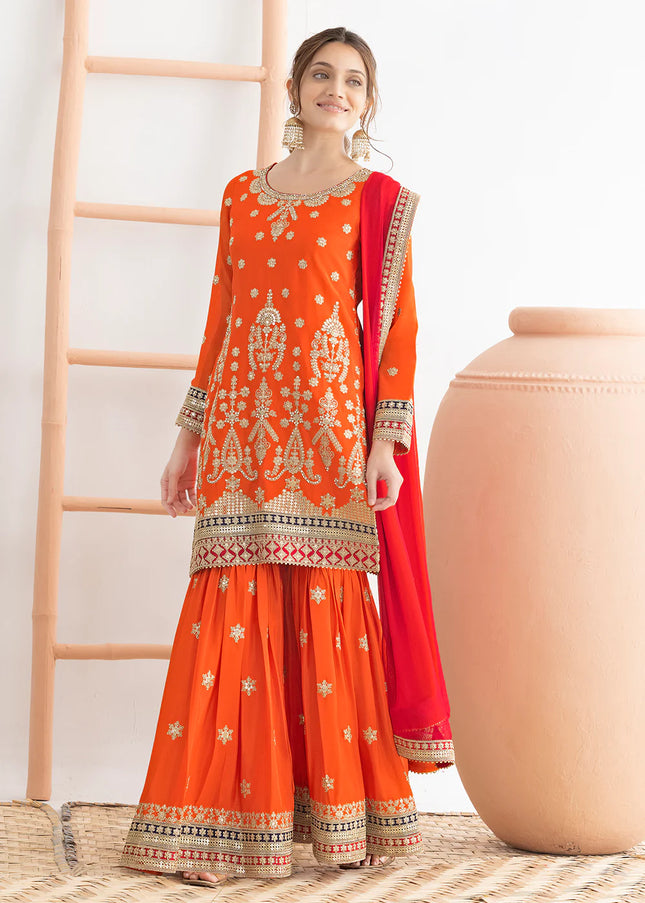 Orange Embroidered Gharara Suit
