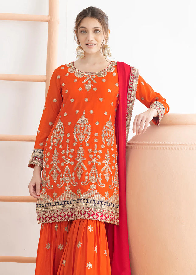 Orange Embroidered Gharara Suit