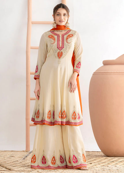 Offwhite Embroidered Sharara Suit