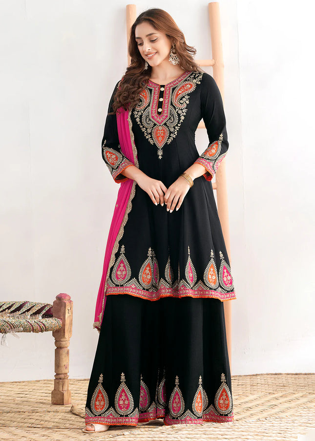 Black Embroidered Sharara Suit