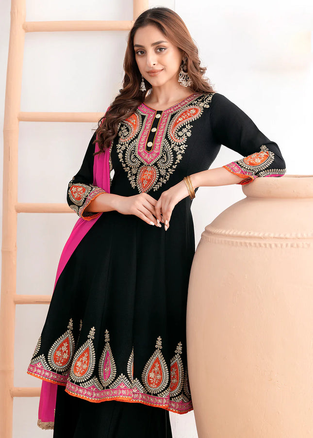 Black Embroidered Sharara Suit
