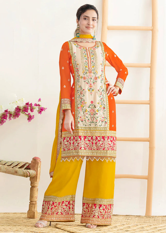 Orange and Yellow Embroidered Pant Style Suit