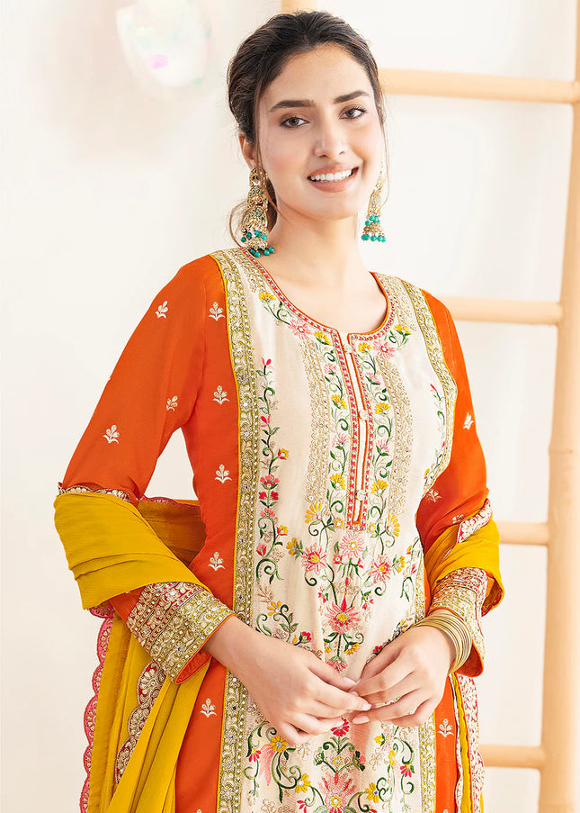 Orange and Yellow Embroidered Pant Style Suit