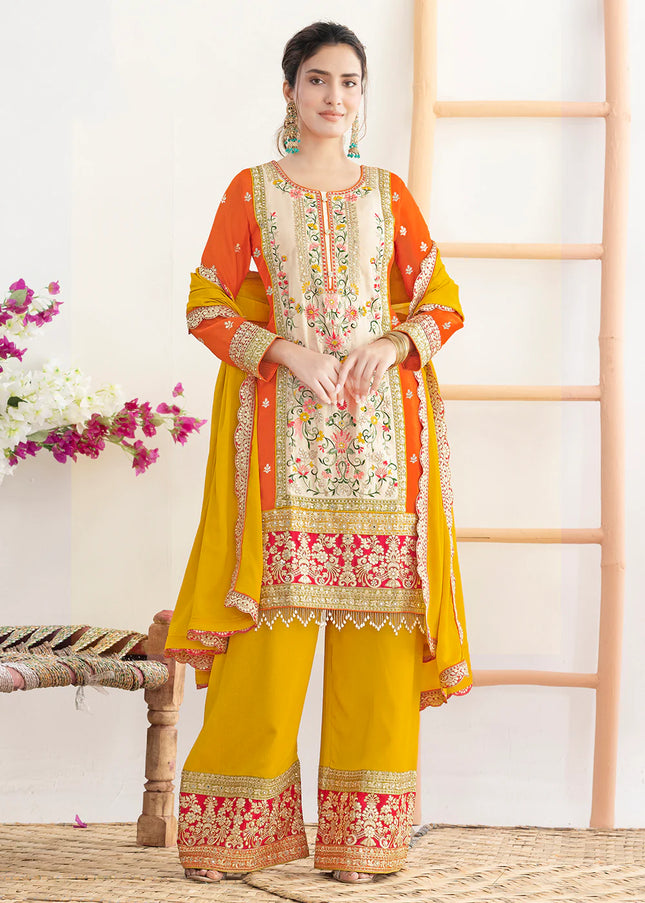 Orange and Yellow Embroidered Pant Style Suit