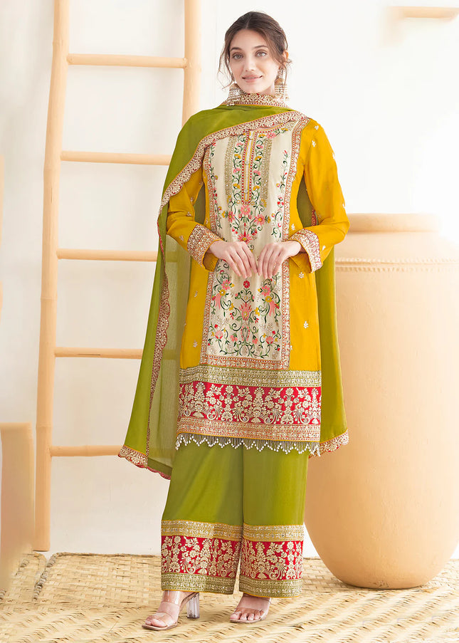 Green and Yellow Embroidered Pant Style Suit