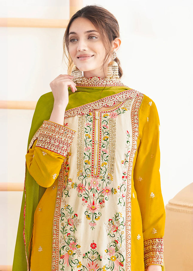 Green and Yellow Embroidered Pant Style Suit