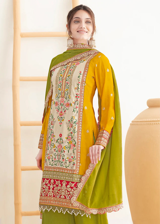 Green and Yellow Embroidered Pant Style Suit