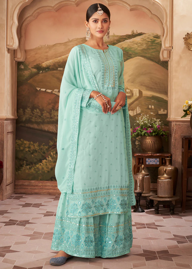 Sky Blue Embroidered Gharara Suit