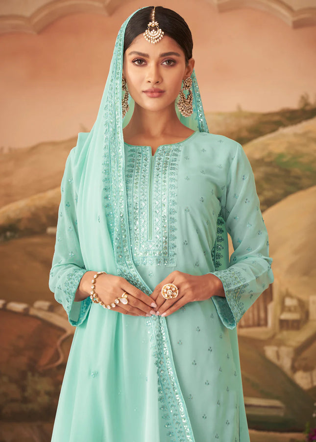 Sky Blue Embroidered Gharara Suit