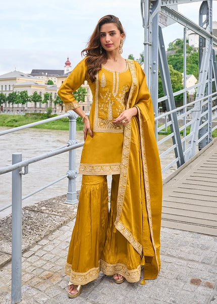 Mustard Yellow Embroidered Gharara Suit