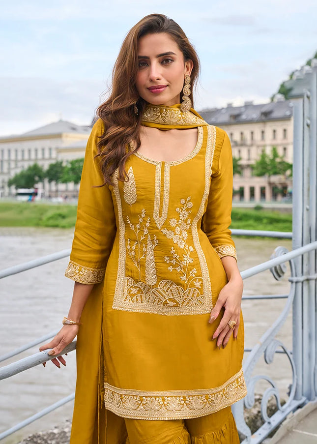 Mustard Yellow Embroidered Gharara Suit