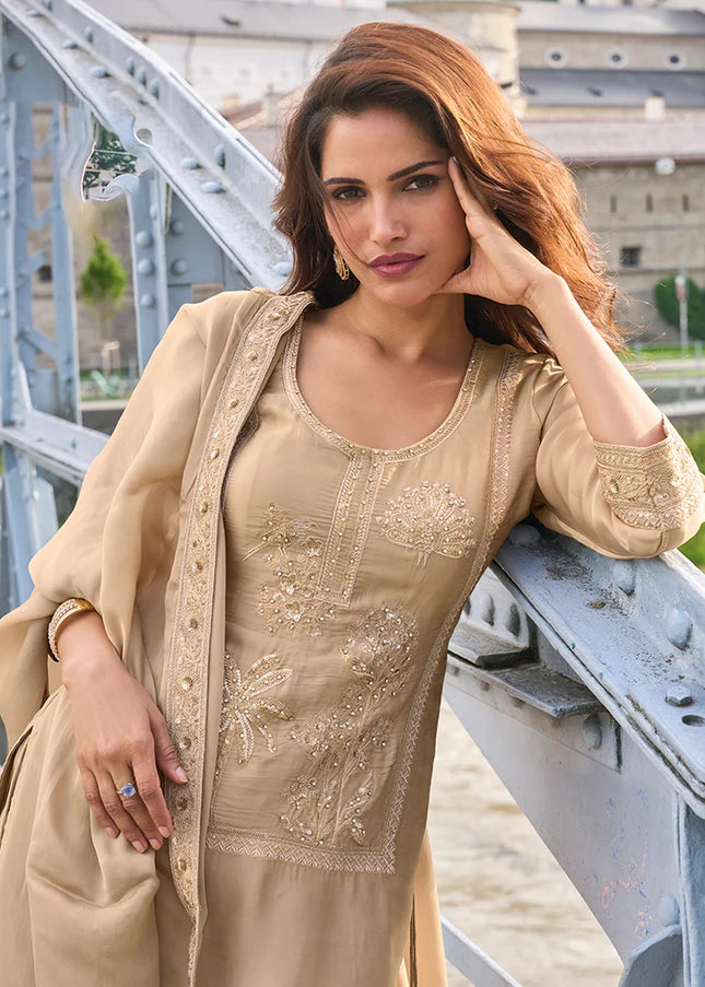 Beige Embroidered Gharara Suit