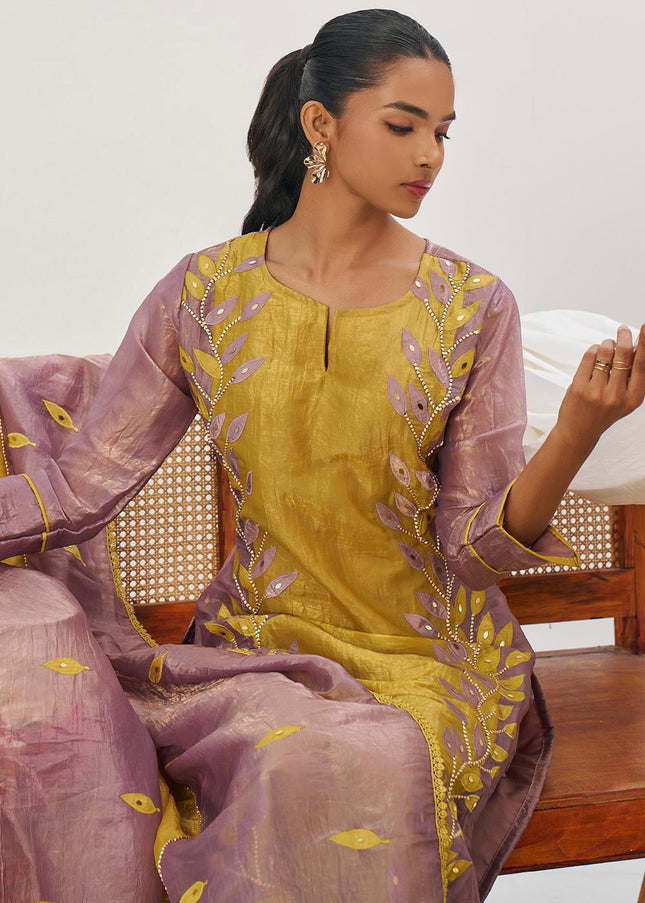 Mustard Yellow and Mauve Embroidered Pant Suit