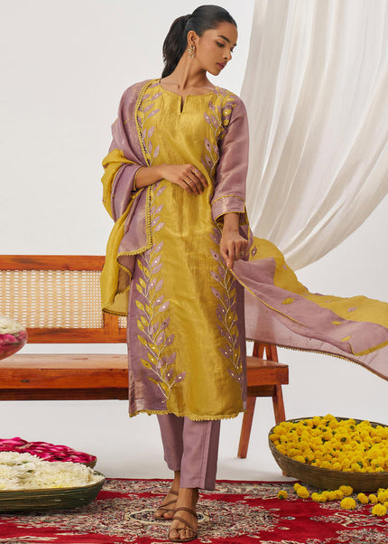 Mustard Yellow and Mauve Embroidered Pant Suit