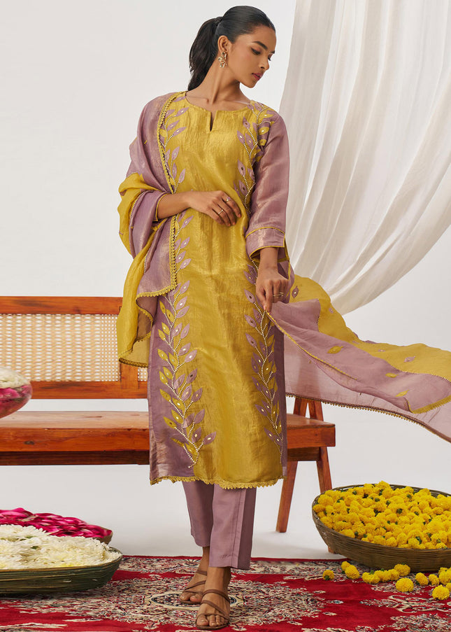 Mustard Yellow and Mauve Embroidered Pant Suit