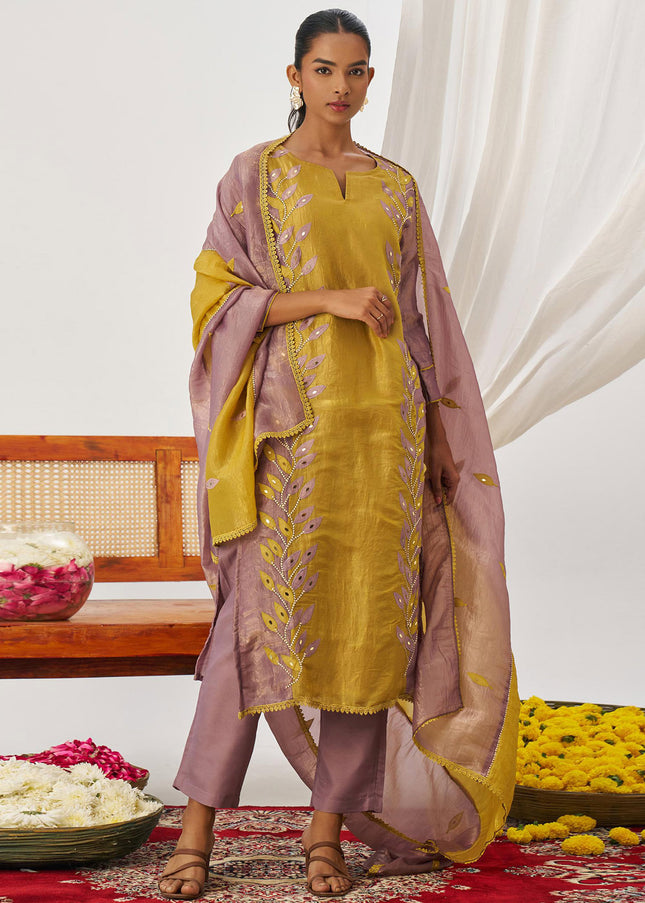 Mustard Yellow and Mauve Embroidered Pant Suit