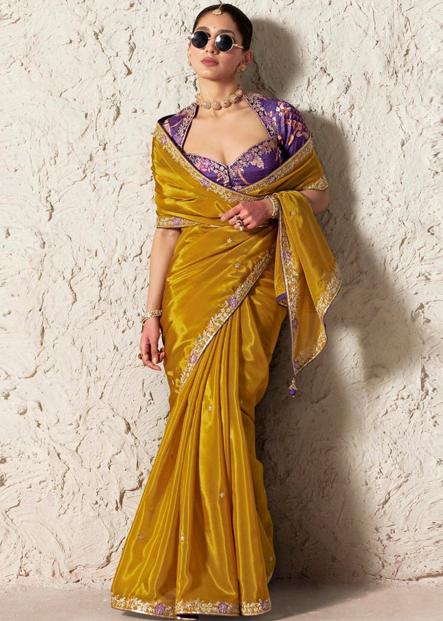 Mustard Yellow Printed and Embroidered Festive Saree