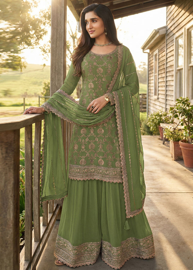 Green Embroidered Sharara Suit