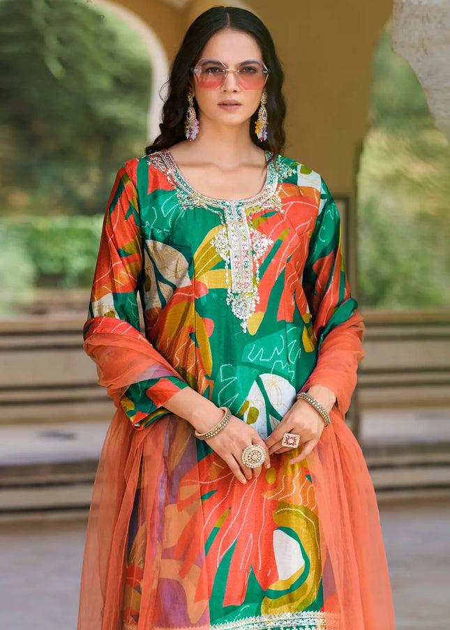 Green Embroidered Sharara Suit