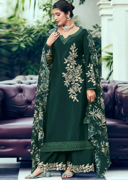 Green Embroidered Palazzo Suit