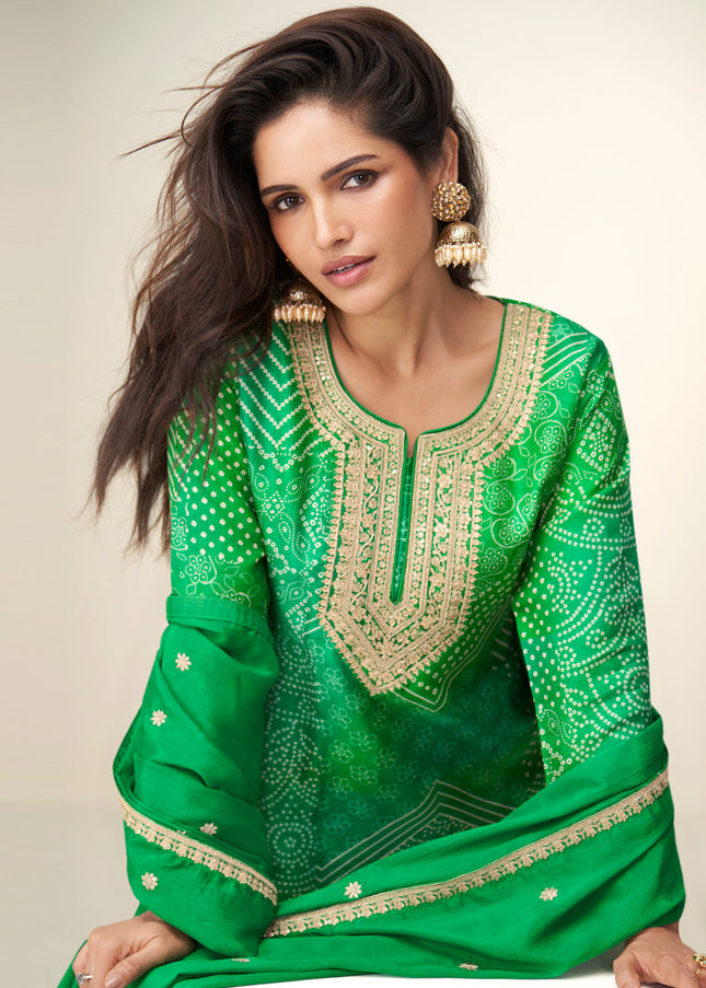 Green Printed and Embroidered Sharara Suit