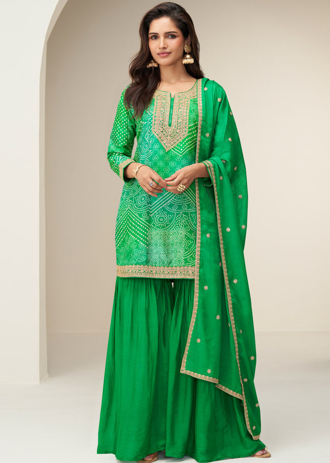 Green Printed and Embroidered Sharara Suit