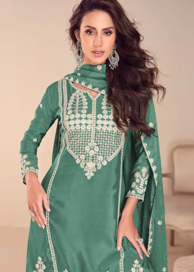 Green Embroidered Gharara Suit