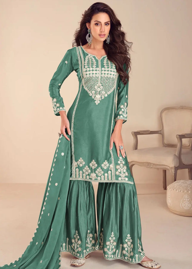 Green Embroidered Gharara Suit