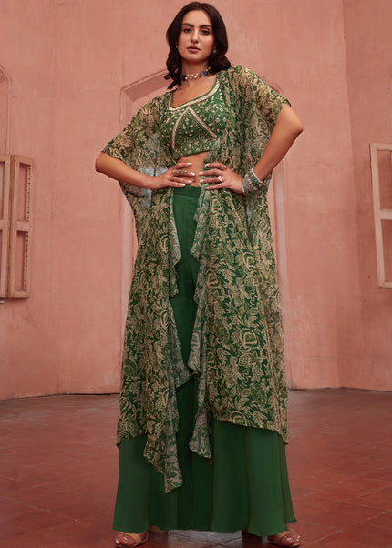 Green Embellished Jacket Style Sharara Suit